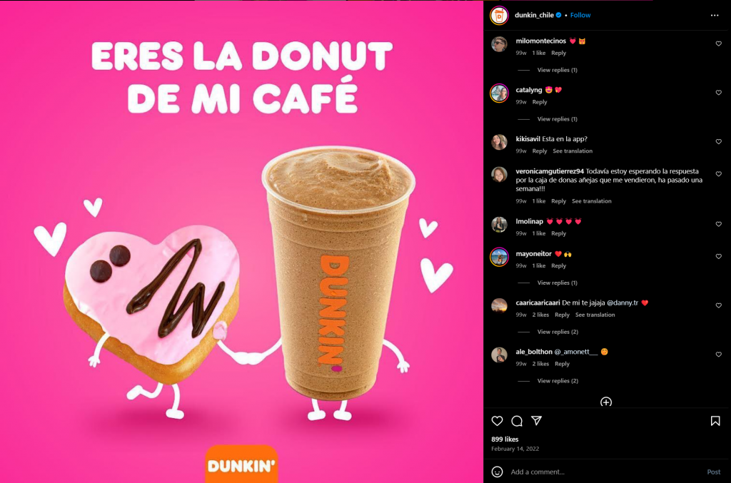 campaña de san valentin de dunking donuts mostrando una donut en forma de corazón y un café agarrados de la mano con la frase "eres la donut de mi café"