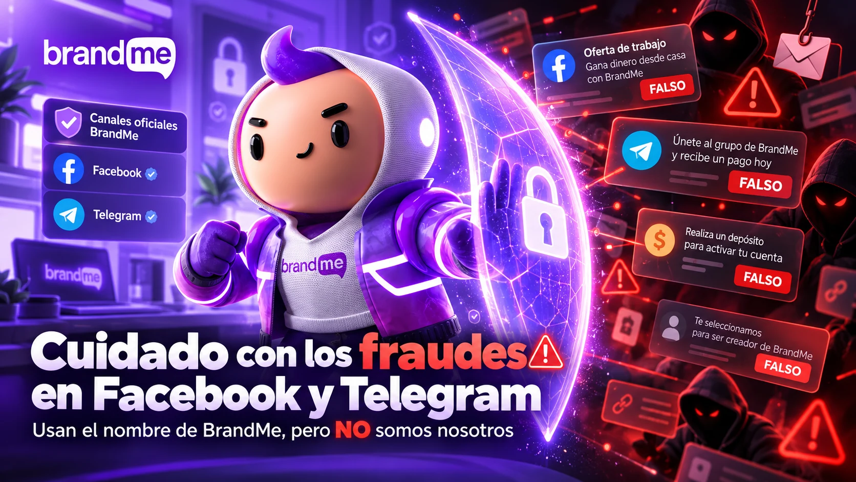 Protección contra fraudes digitales BrandMe Telegram Facebook